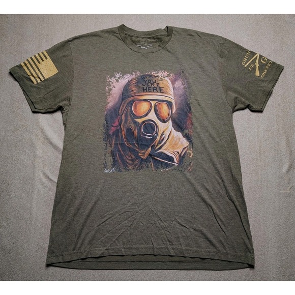 Grunt Style Shirt Mens XL Green Graphic Gas Mask American Flag Sleeve Ghost - Picture 2 of 8